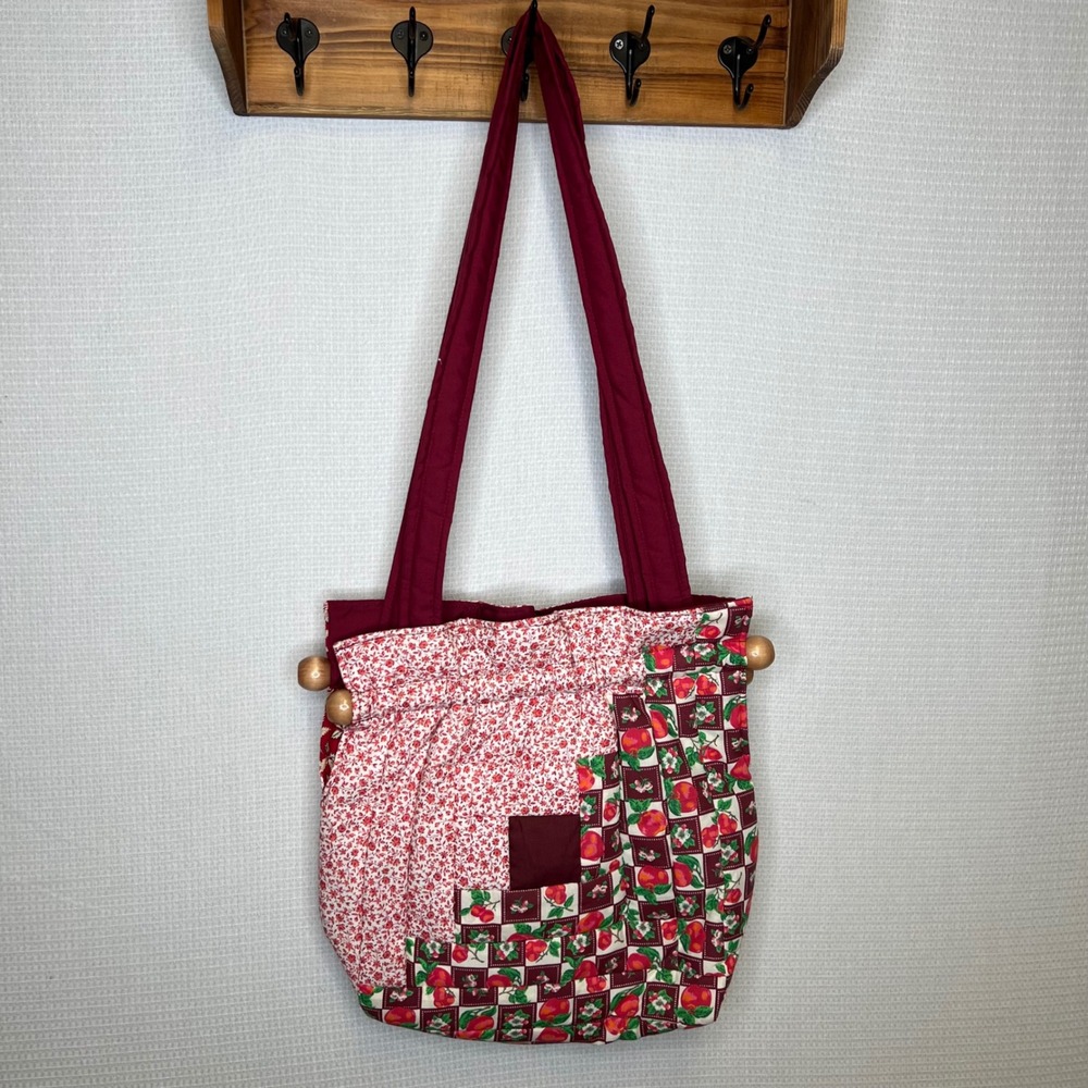 Handmade Quilted Patchwork Tote Bag Burgundy Floral Fruit Log Cabin Wood Beads - Picture 2 of 7
